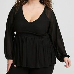 Stretch Mesh V-Neck Smocked Waist Babydoll Top